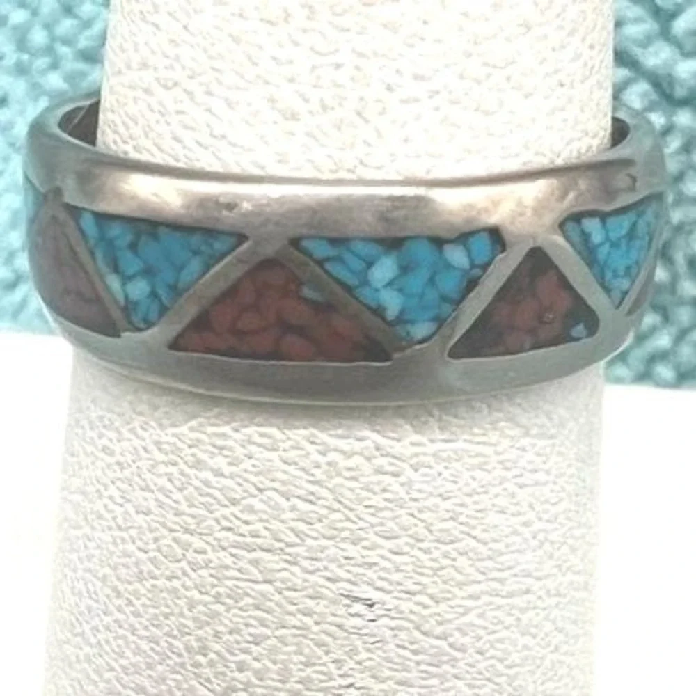 Vintage Turquoise Coral Ring Inlay Silver Plated AJ Southwestern‎ Sz8 3.2g READ